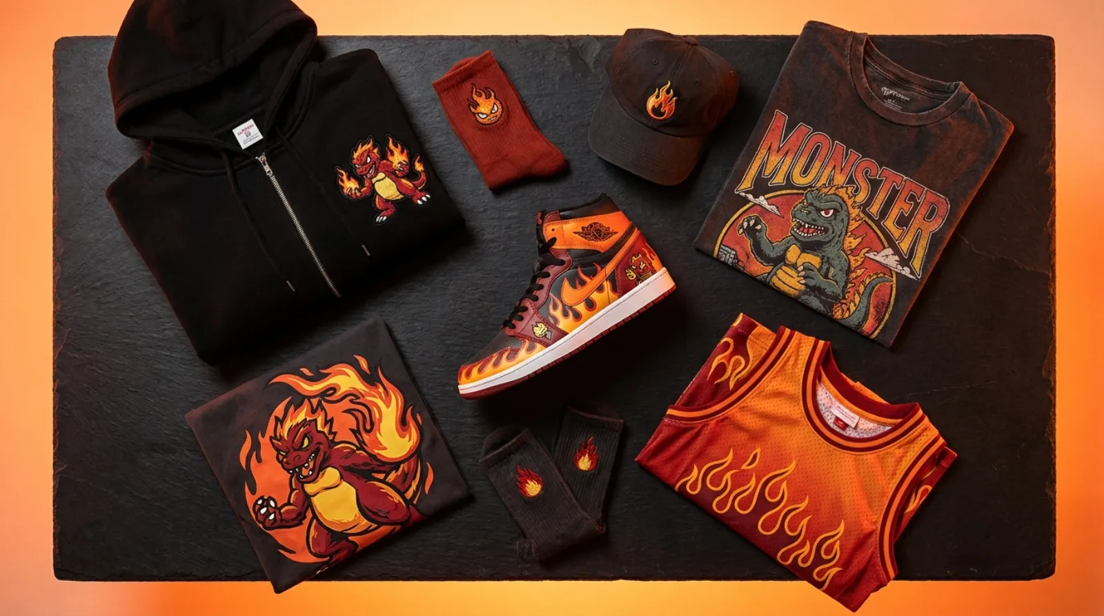 Flareon merch flat lay with Pokemon streetwear tees, zip hoodie and basketball shoes