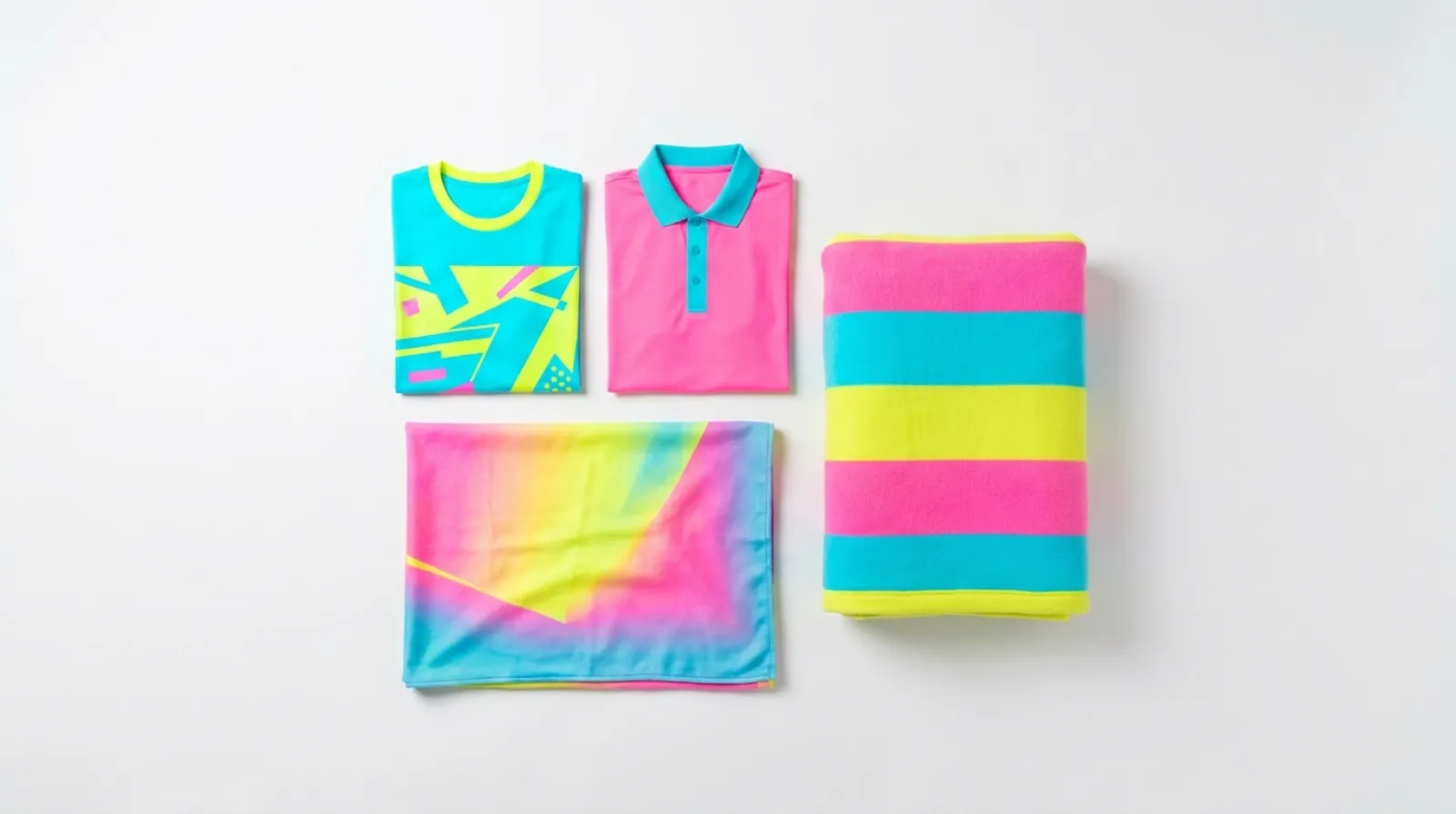 FLCL shirt and Fooly Cooly apparel flat lay in vibrant neon colors