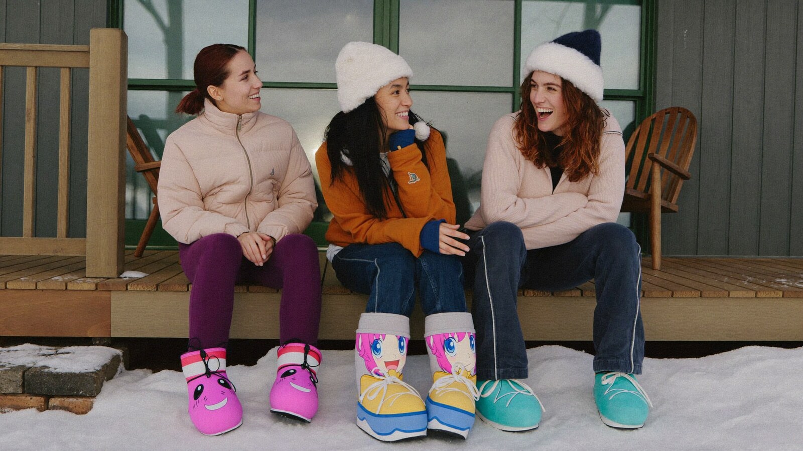 Anime-inspired fleece clogs in a social or layered scene with friends