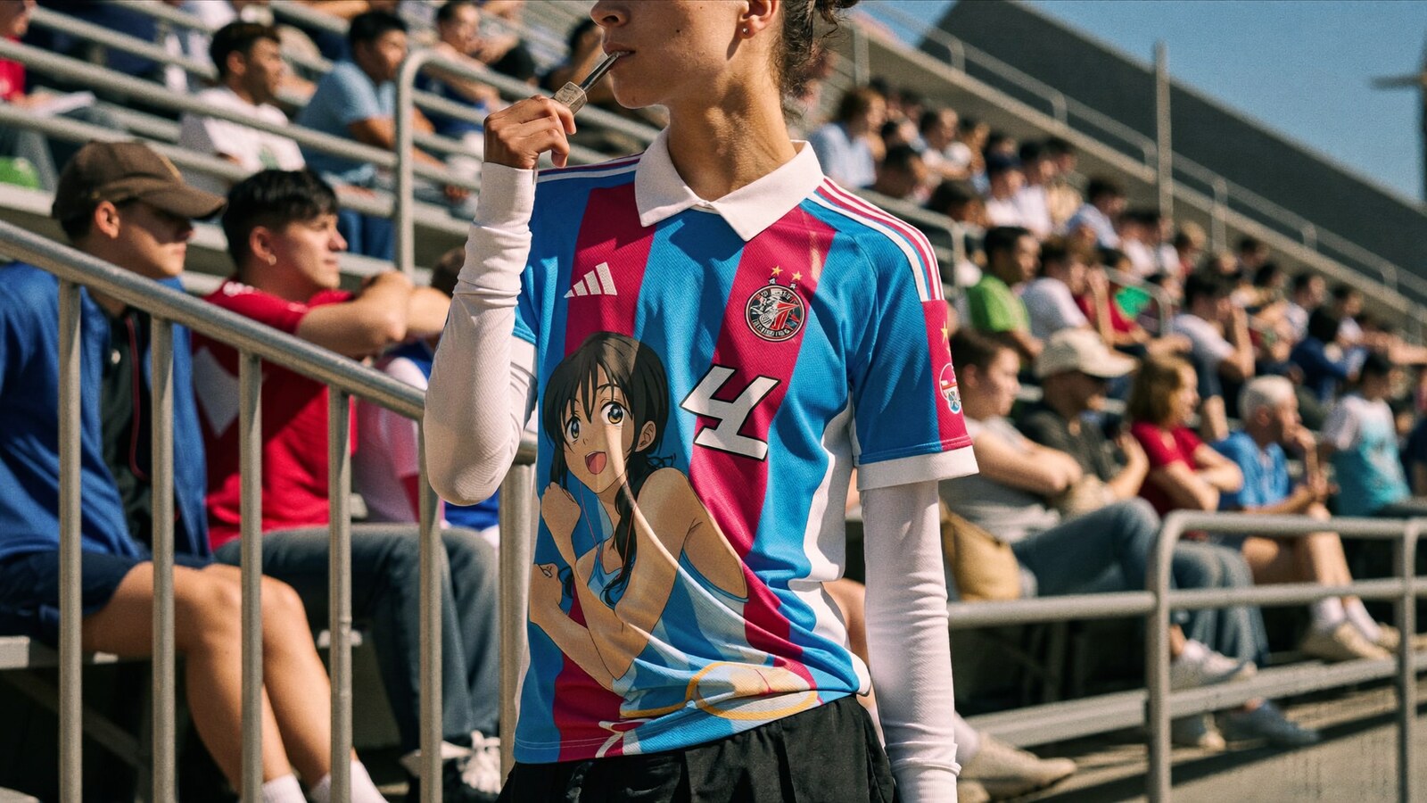 Anime-inspired football jerseys styled in a natural daylight scene