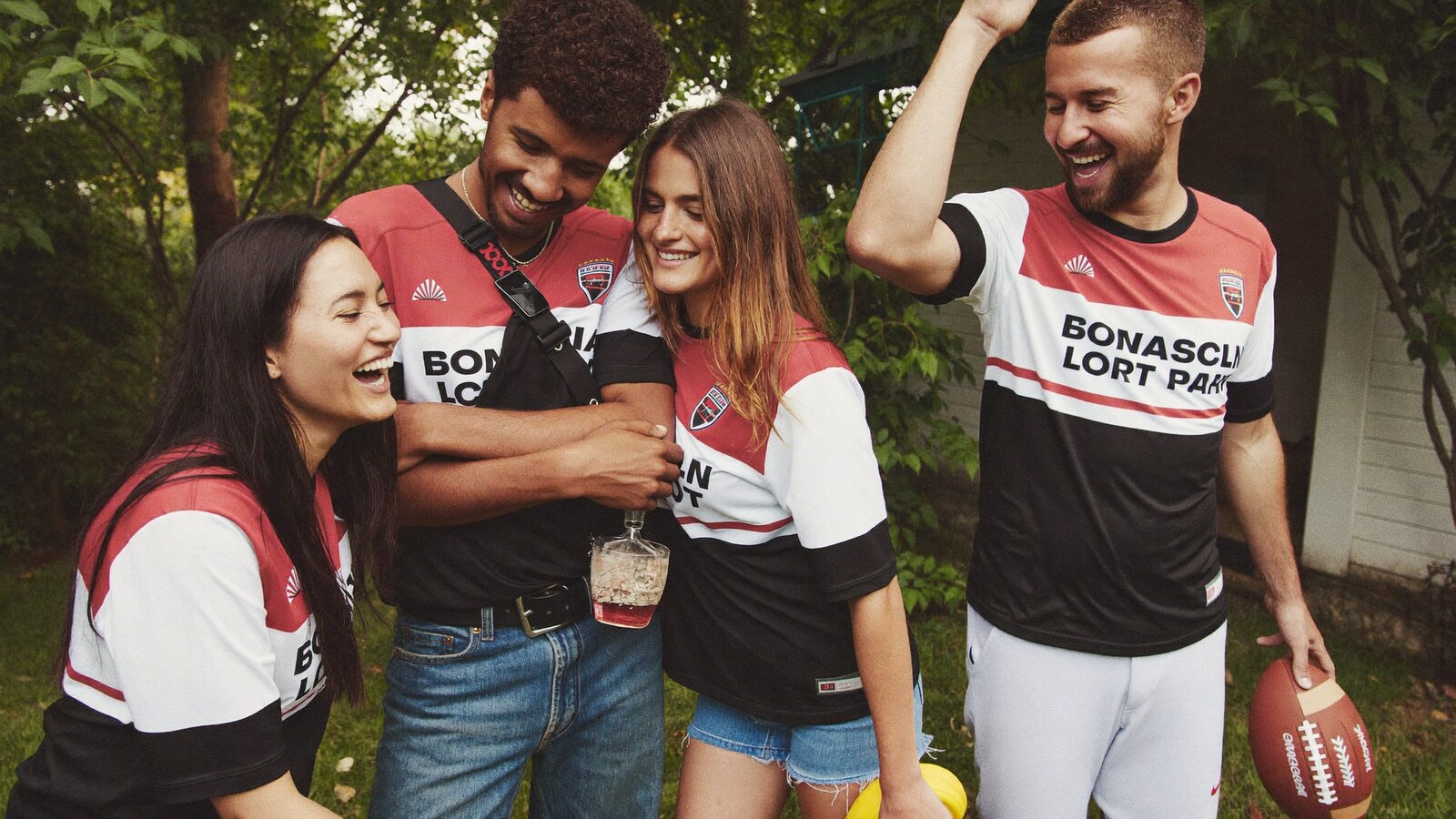 Anime-inspired football jerseys in a social or layered scene with friends