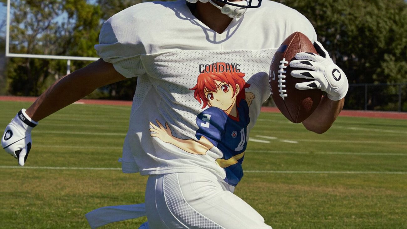 Person wearing an anime-inspired football jerseys in an editorial scene