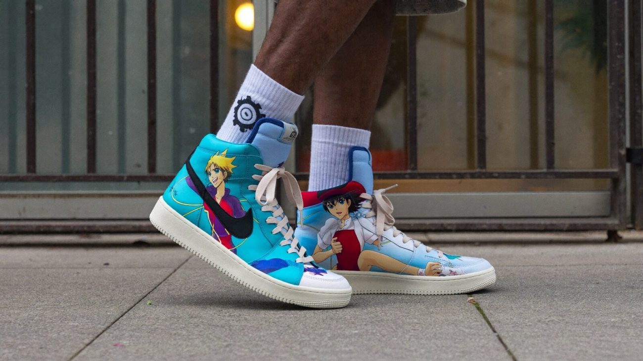 Person wearing an anime-inspired force 1 high shoes in an editorial scene