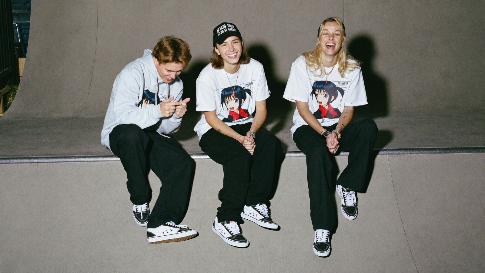 Anime-inspired force 1 low shoes in a social or layered scene with friends