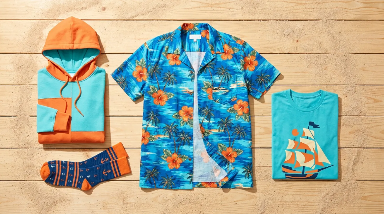 Franky shirt flat-lay with a blue One Piece Hawaiian button-up, hoodie and socks in tropical tones
