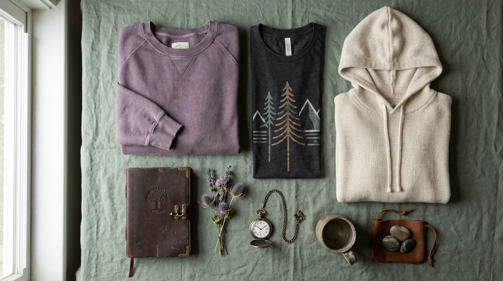 Frieren: Beyond Journey's End merch flat lay with vintage sweatshirt, tee and hoodie in muted purple and gray