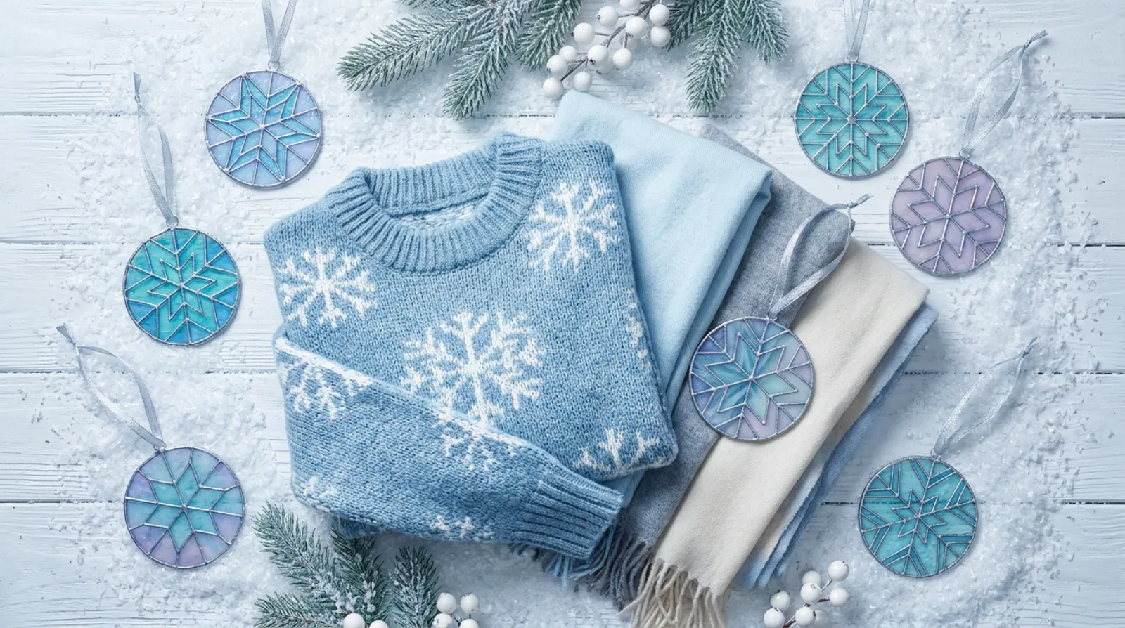 Icy blue Frozen shirt sweater with stained glass suncatchers and ornaments winter decor flat-lay