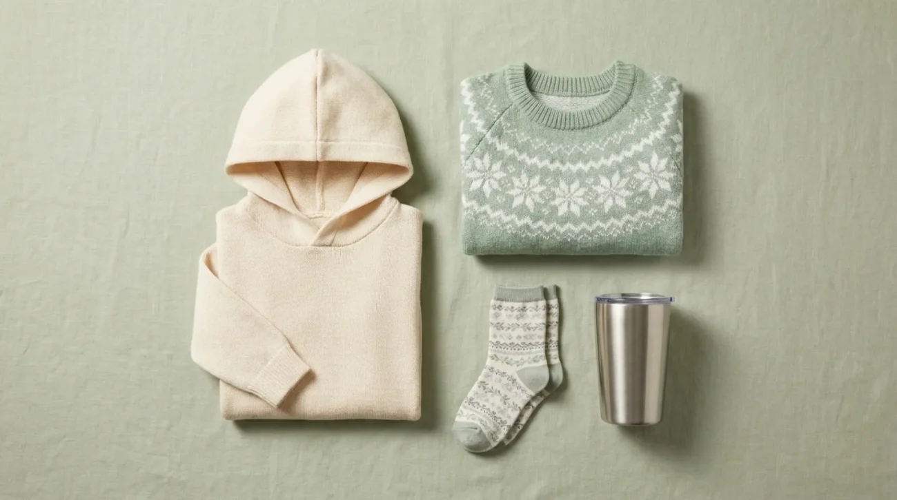Fruits Basket gifts flat lay with cozy hoodie, socks, and tumbler