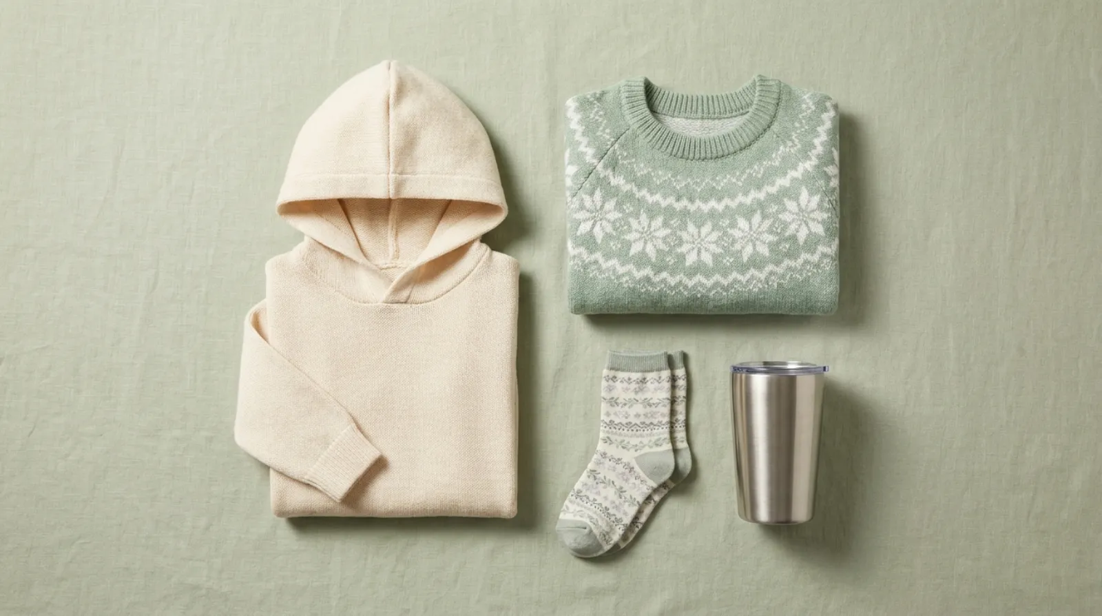 Fruits Basket gifts flat lay with cozy hoodie, socks, and tumbler