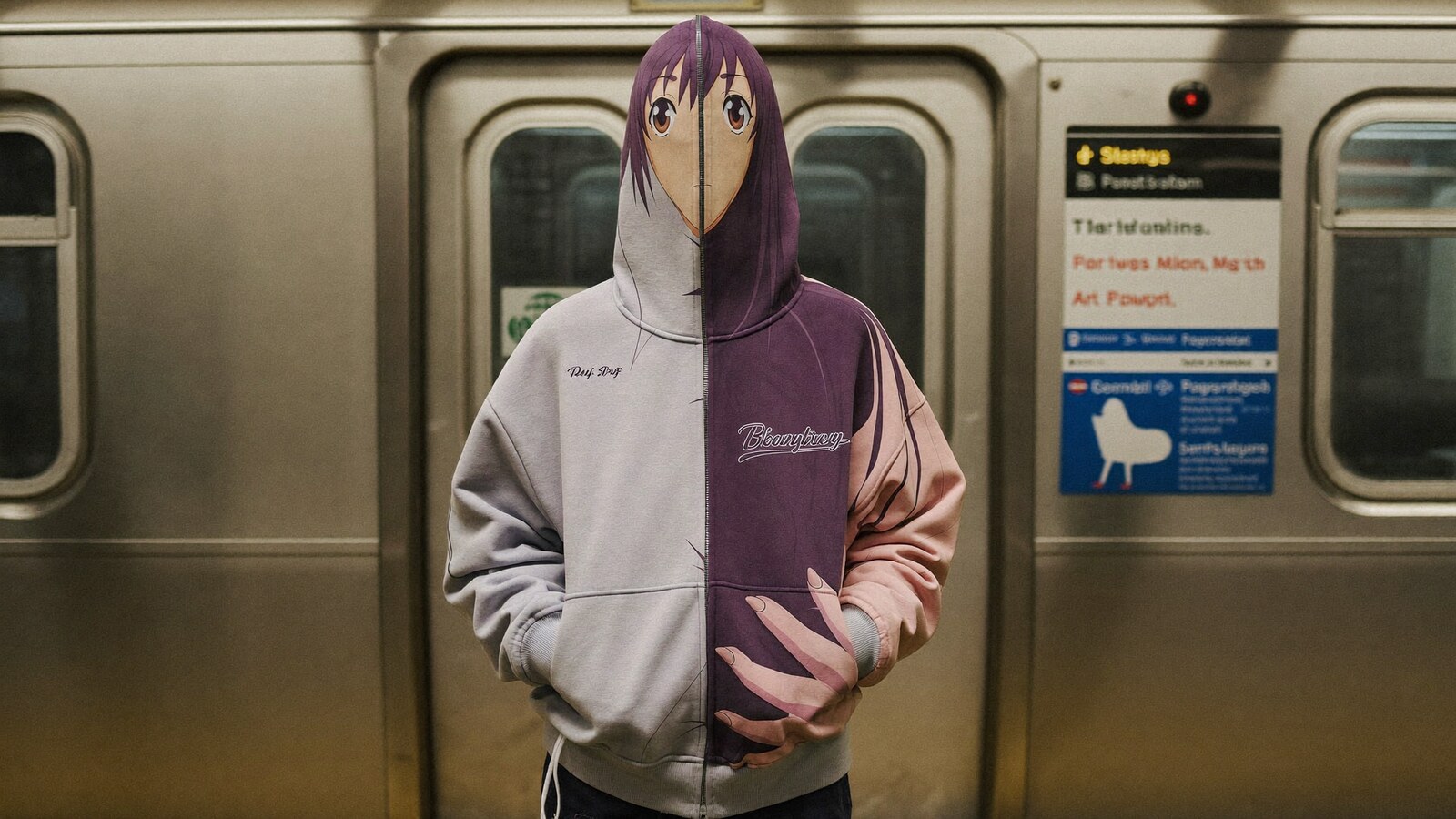 Anime-inspired full face zip hoodie styled in a natural daylight scene