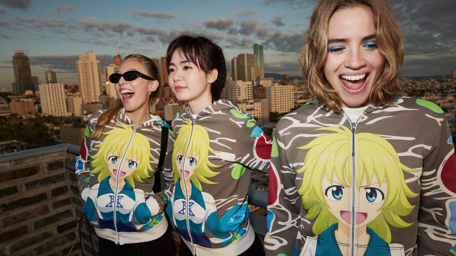 Anime-inspired full face zip hoodie in a social or layered scene with friends