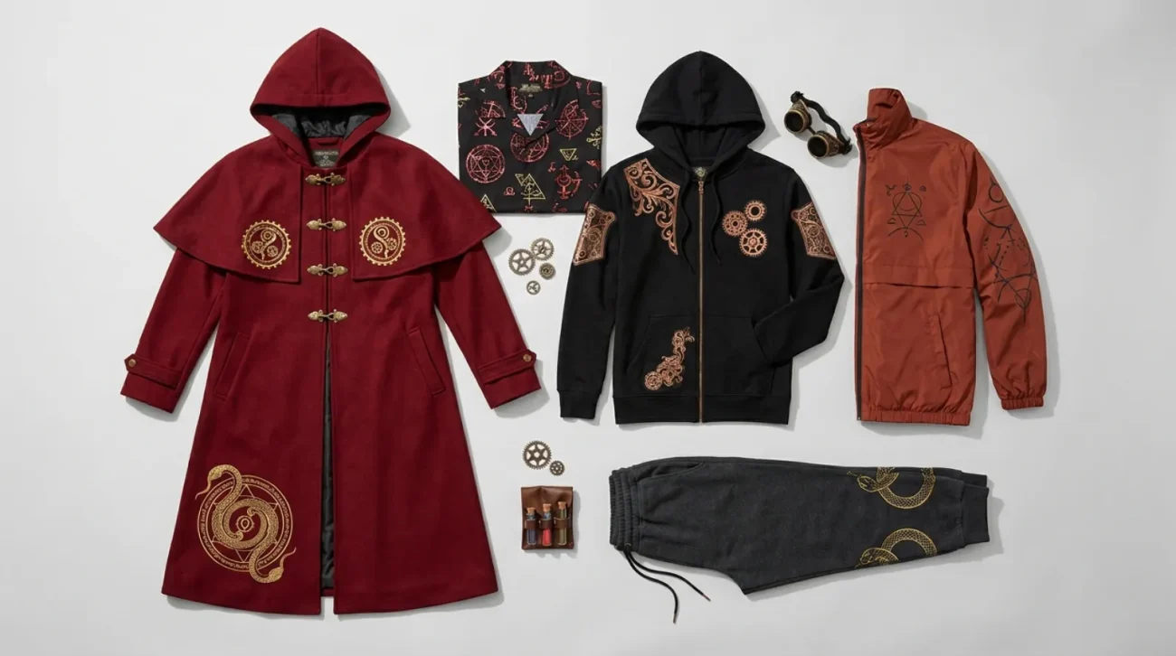 Flat-lay of Fullmetal Alchemist merch including a crimson cloak coat, zip hoodie, windbreaker and transmutation circle sweatpants in red, black and gold tones