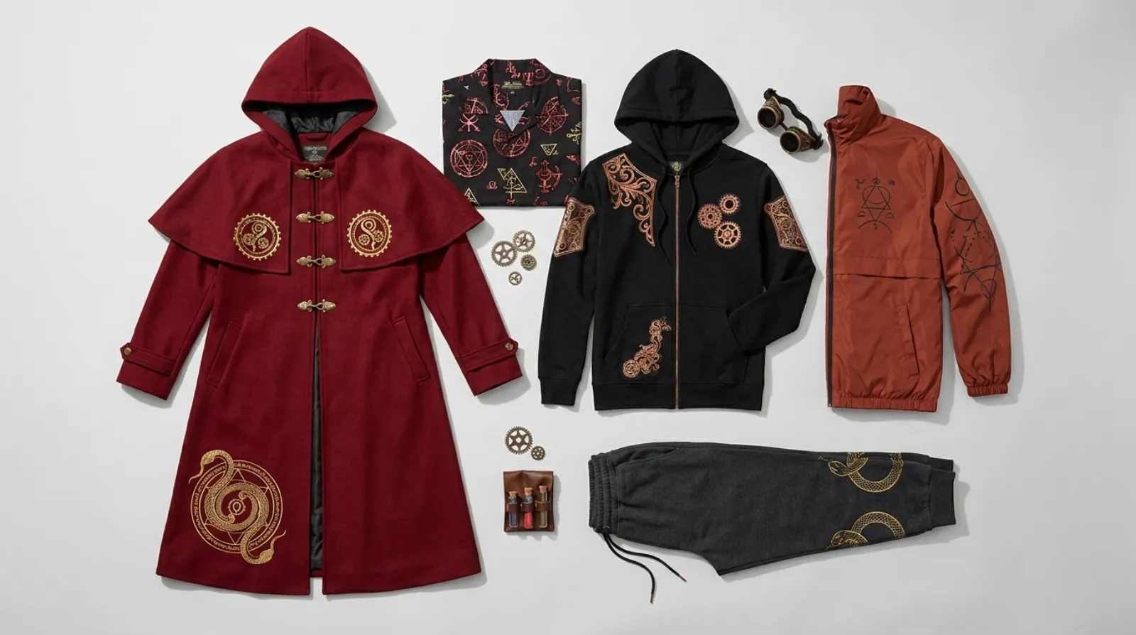 Flat-lay of Fullmetal Alchemist merch including a crimson cloak coat, zip hoodie, windbreaker and transmutation circle sweatpants in red, black and gold tones