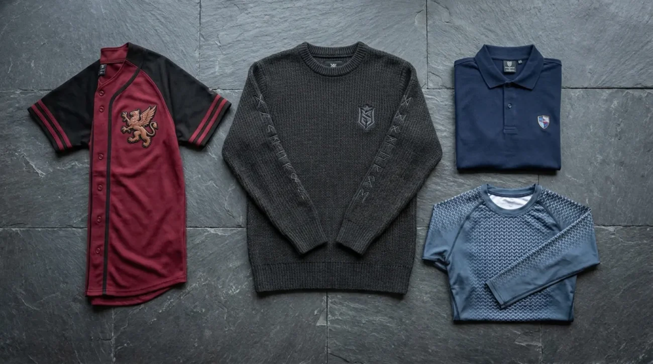 Game of Thrones merch flat-lay with house-themed sweater, jersey, polo and compression shirt