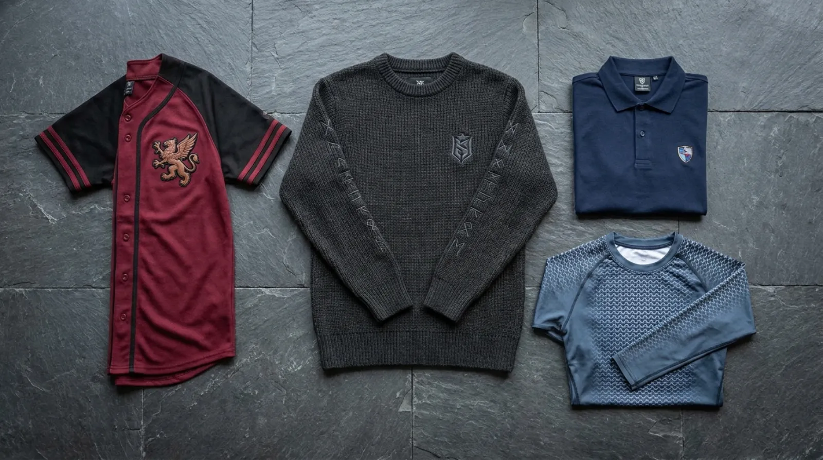 Game of Thrones merch flat-lay with house-themed sweater, jersey, polo and compression shirt