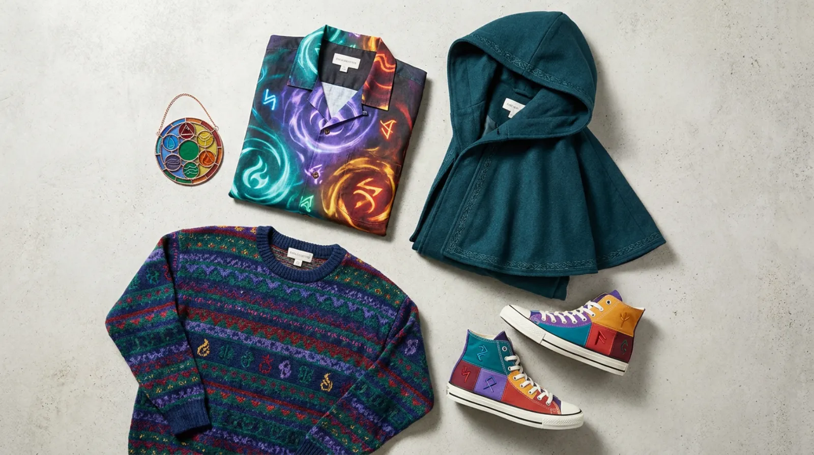 Genshin Impact merch flat-lay collection of gear and apparel for Travelers