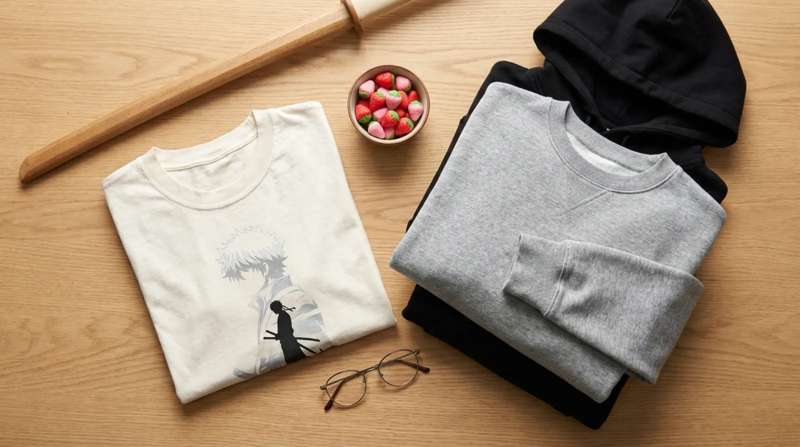 Gintama merch flat lay with vintage samurai graphic tee, cozy sweatshirt and hoodie on light wood