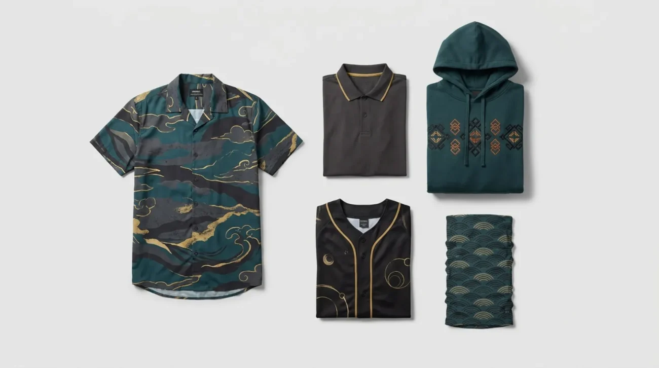 Flat-lay of Giyu Tomioka merch including a Hawaiian shirt, polo, hoodie, jersey and neck gaiter in deep teal Water Hashira tones