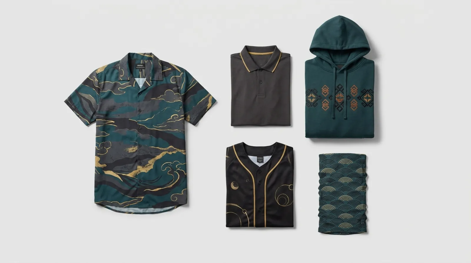 Flat-lay of Giyu Tomioka merch including a Hawaiian shirt, polo, hoodie, jersey and neck gaiter in deep teal Water Hashira tones
