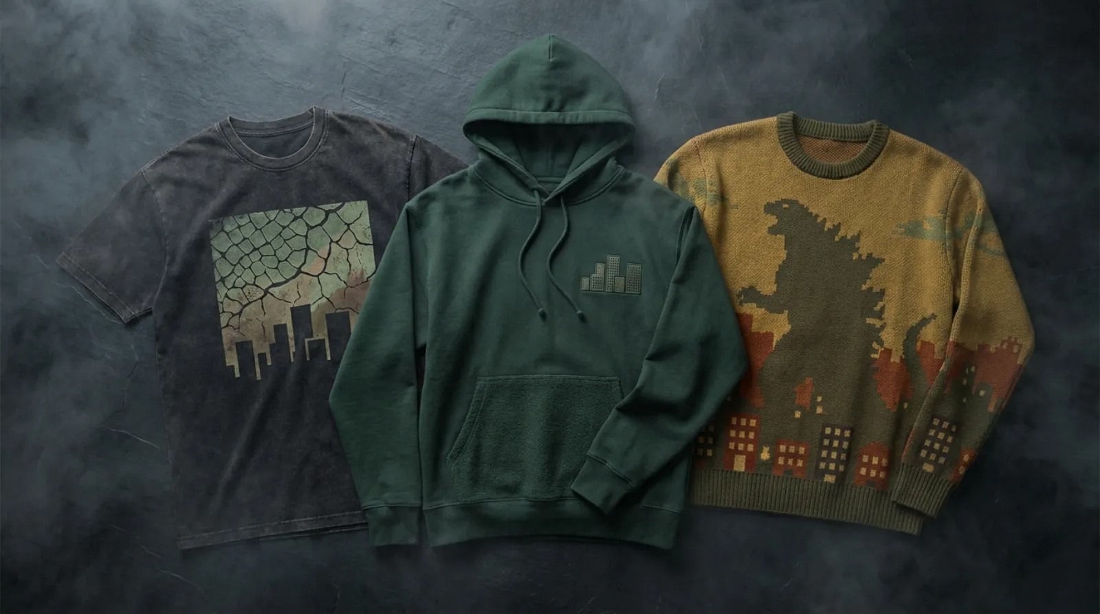 Godzilla shirt and kaiju movie apparel flat-lay collection for monster fans