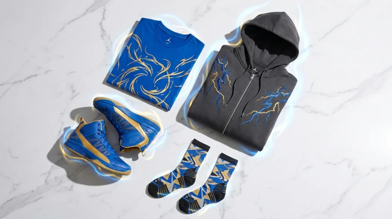 Electric-blue and gold fusion-themed Gogeta shirt, zip hoodie and shoes flat-lay