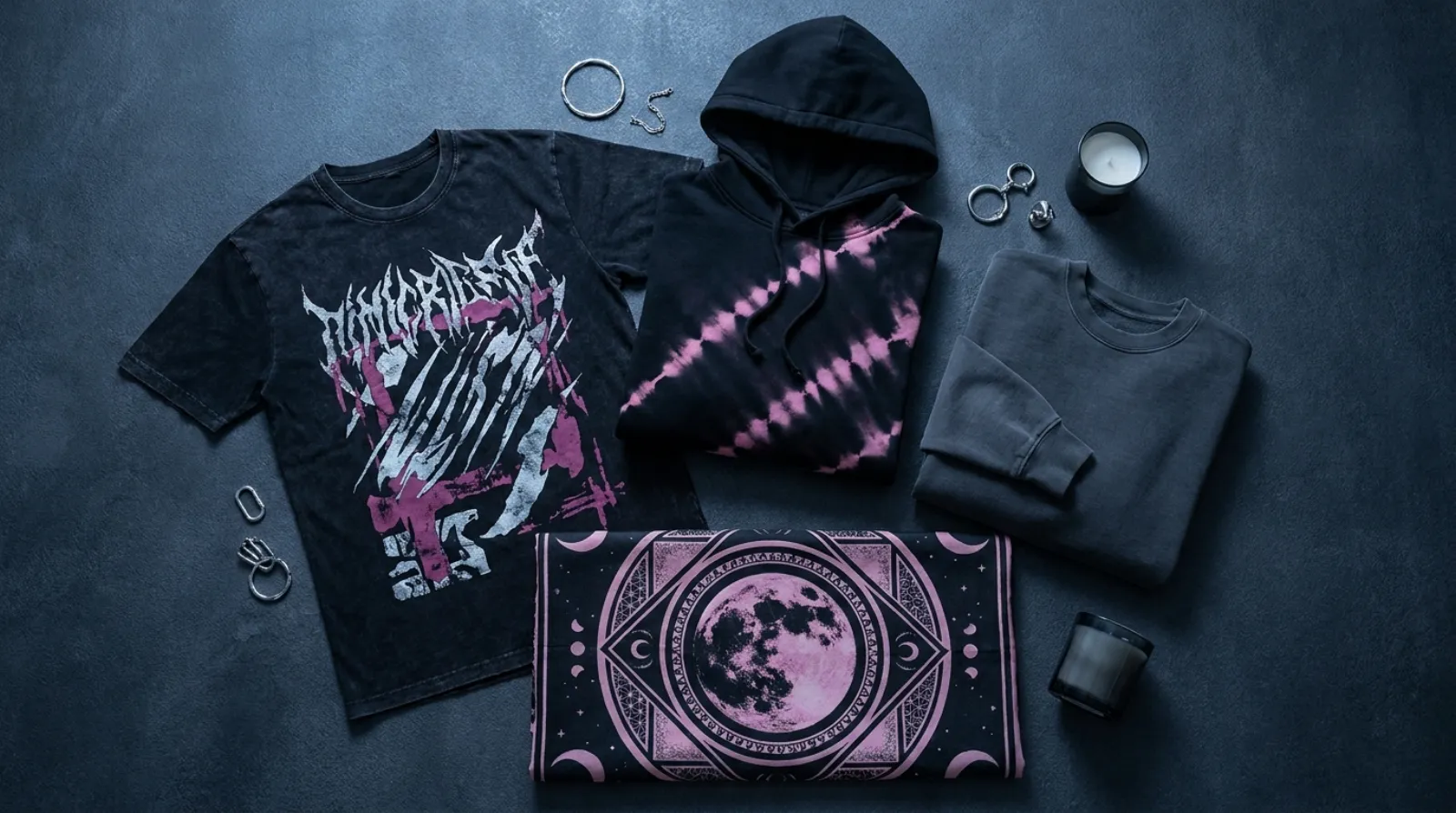 Goku Black shirt flat-lay with dark vintage tee, pink-and-black hoodie and moonlight tapestry