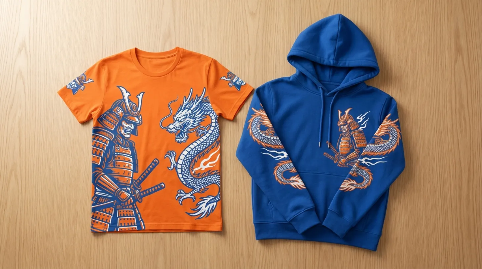 Goku shirt and hoodie flat lay in orange and blue