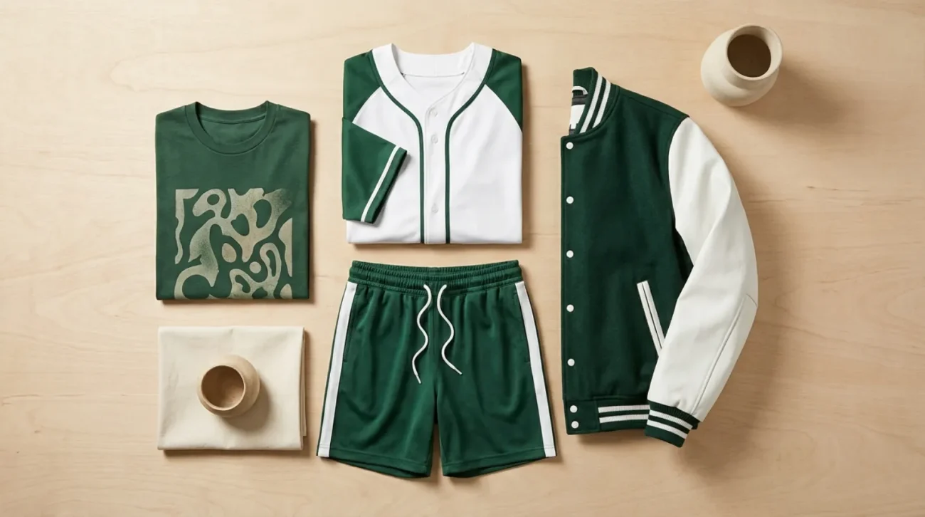 Flat-lay of a forest-green Green Ranger shirt, varsity jacket, and jersey on light wood