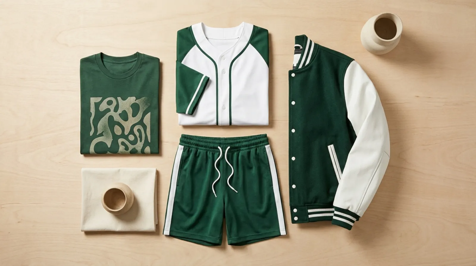 Flat-lay of a forest-green Green Ranger shirt, varsity jacket, and jersey on light wood