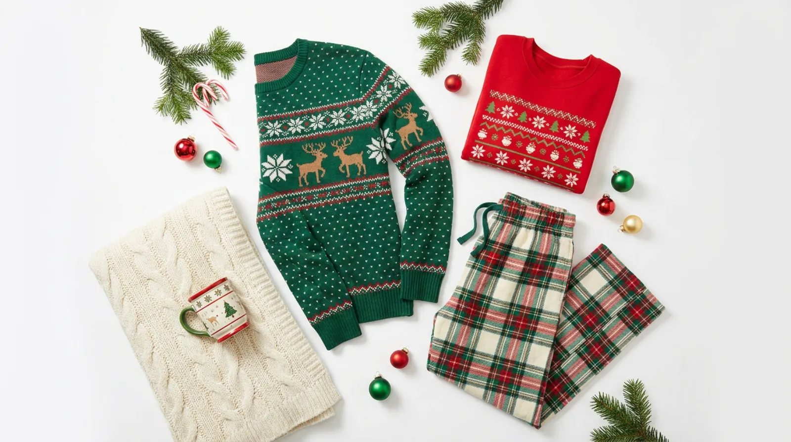 Festive flat-lay of a green Grinch shirt, ugly Christmas sweater, and holiday apparel on a white background