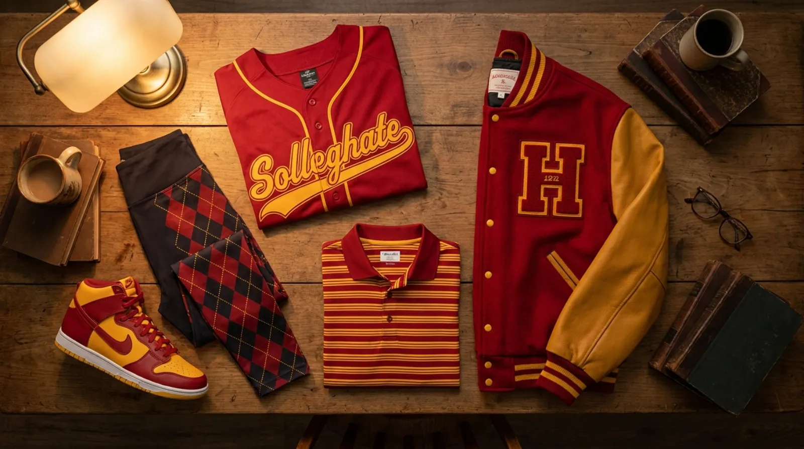 Scarlet and gold Gryffindor shirt, varsity jacket, leggings, and high-top sneakers flat-lay on oak