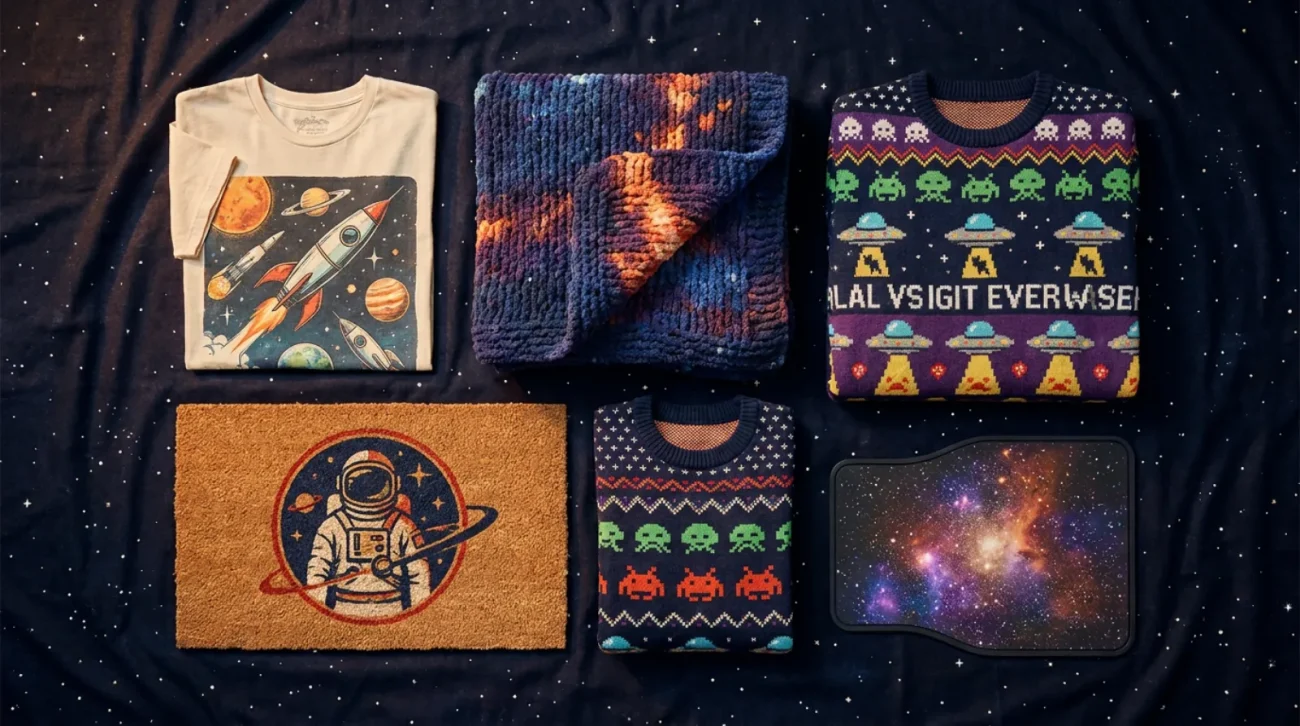 Guardians of the Galaxy shirt and cosmic merch flat lay with graphic tee and home goods