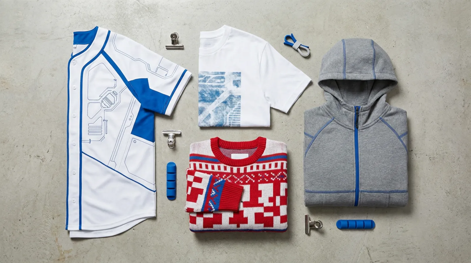 Sci-fi tech themed Gundam shirt and apparel flat-lay in blue and white on light grey concrete