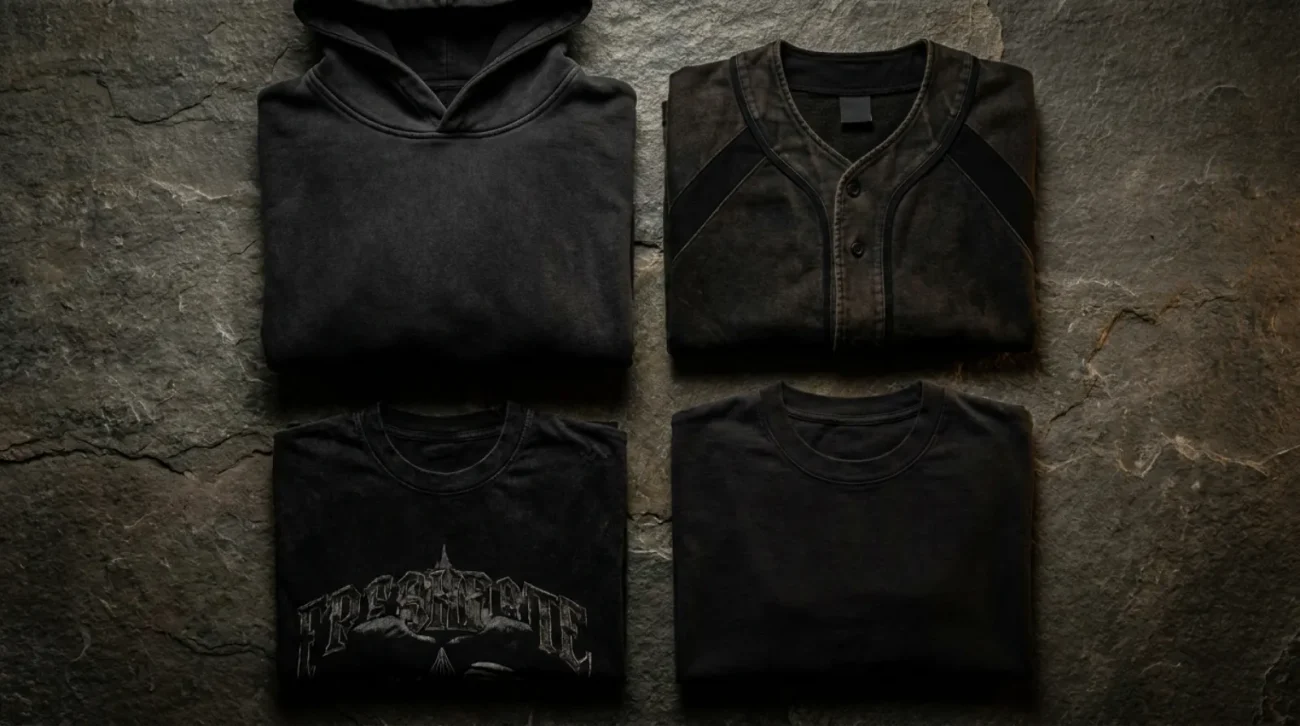 Flat-lay of Guts merch including a vintage hoodie, distressed tees and a baseball jersey in dark tones