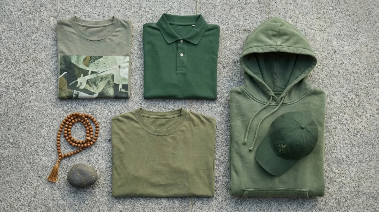 Gyomei Himejima merch flat-lay with green graphic tee, vintage hoodie, polo and embroidered cap in a calm earthy palette