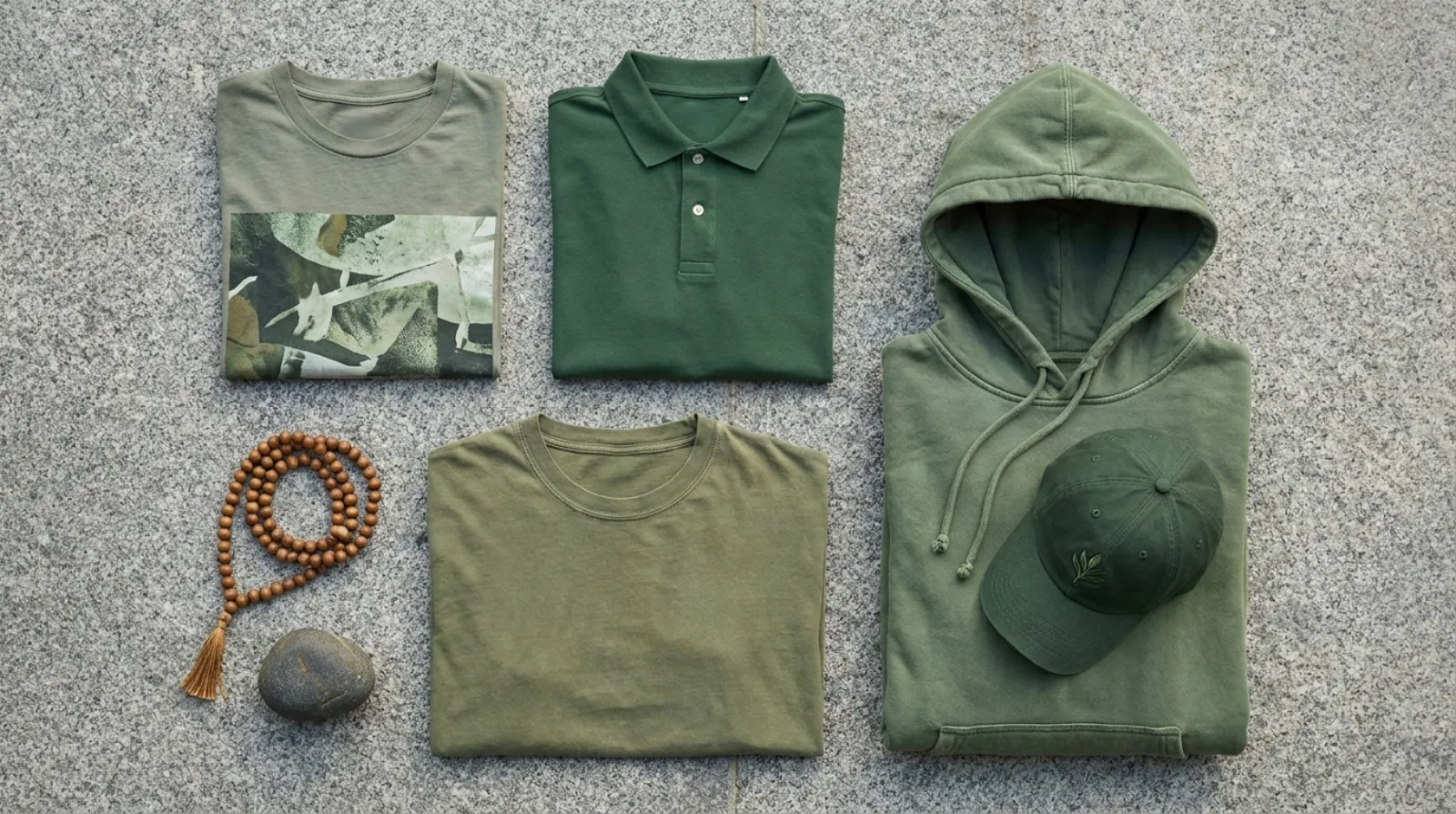 Gyomei Himejima merch flat-lay with green graphic tee, vintage hoodie, polo and embroidered cap in a calm earthy palette