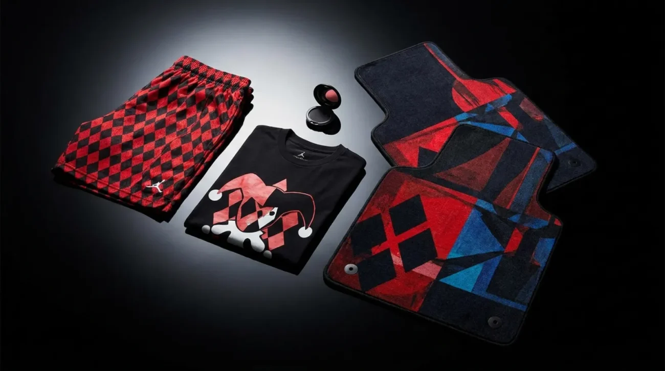 Harley Quinn shirt and merch flat-lay with red-and-black diamond gym shorts and car mats