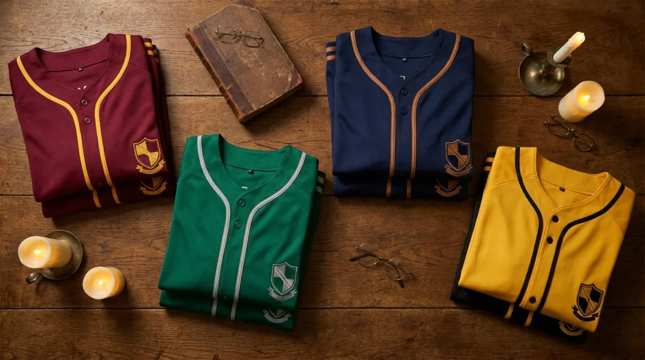 Harry Potter merch themed apparel flat-lay with house-color baseball jerseys and varsity jackets