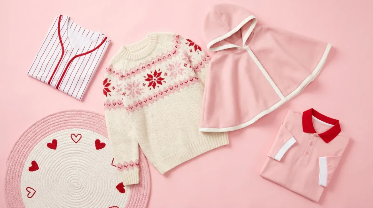 Hello Kitty merch apparel flat lay with pink jersey, cozy sweater, and cloak coat
