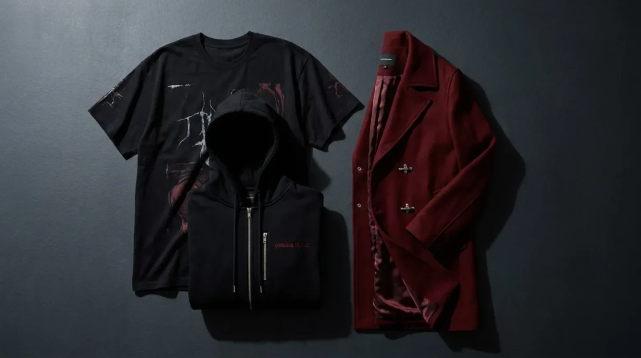 Hellsing merch flat lay with red coat, black tee and hoodie