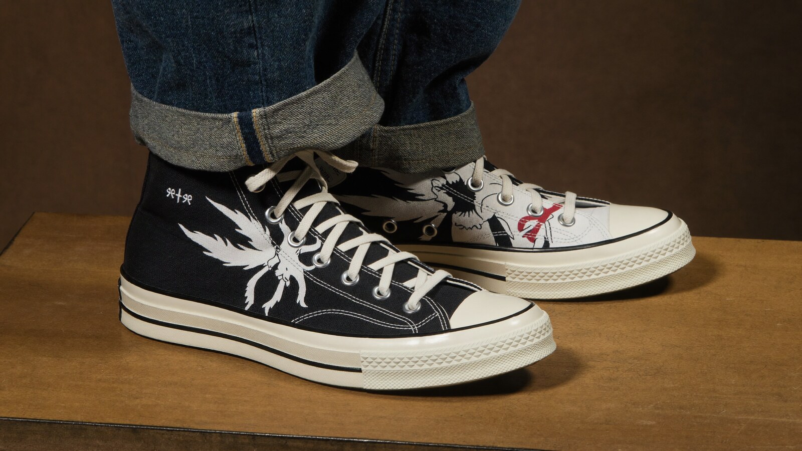 Anime-inspired high top canvas shoes styled in a natural daylight scene