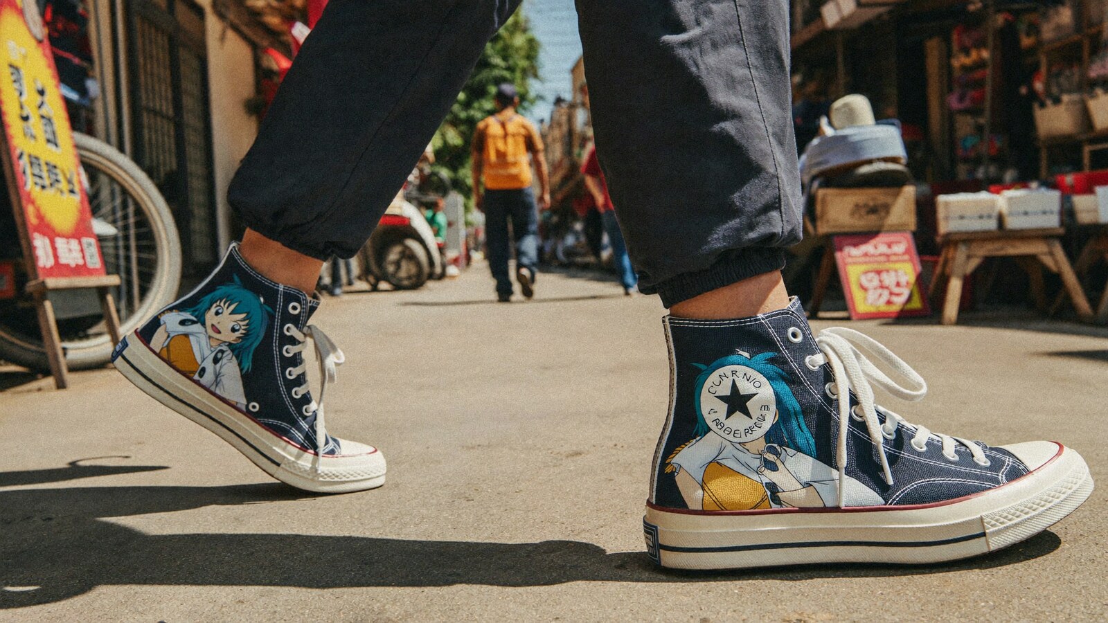 Person wearing an anime-inspired high top canvas shoes in an editorial scene
