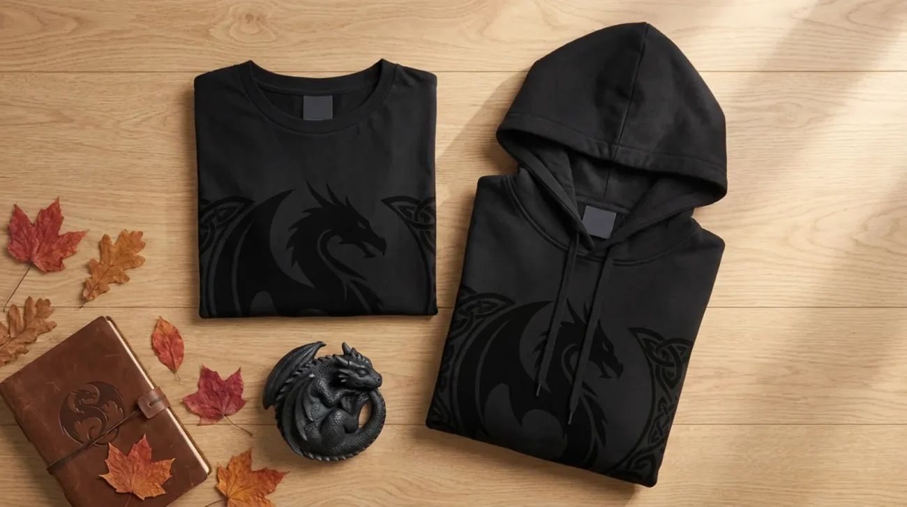 Black dragon-themed tee and hoodie flat-lay, How to Train Your Dragon merch styling