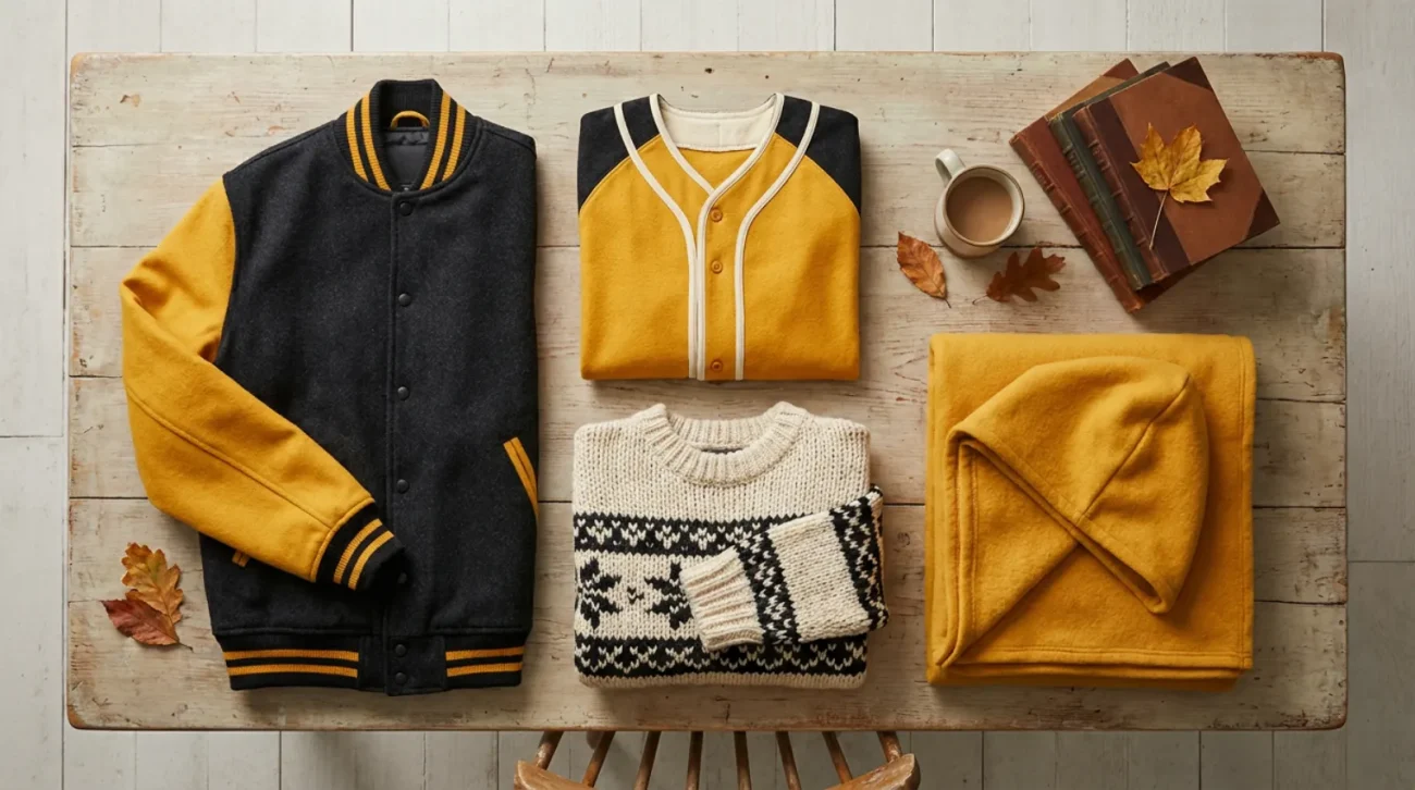 Hufflepuff house merch flat lay in yellow and black with a varsity jacket and cozy knits on light wood