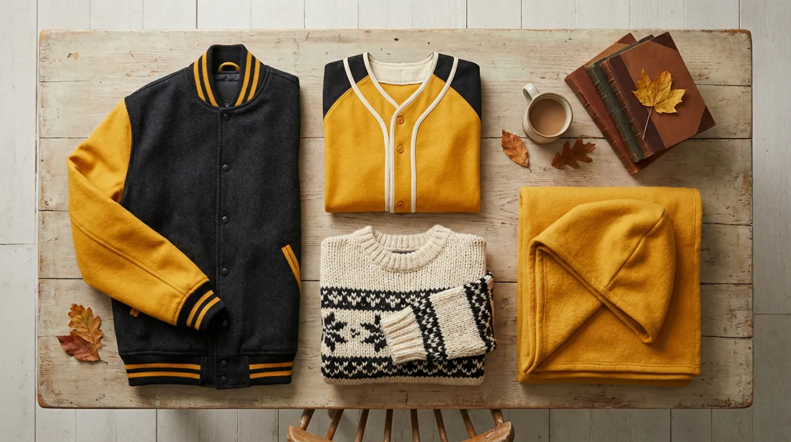 Hufflepuff house merch flat lay in yellow and black with a varsity jacket and cozy knits on light wood