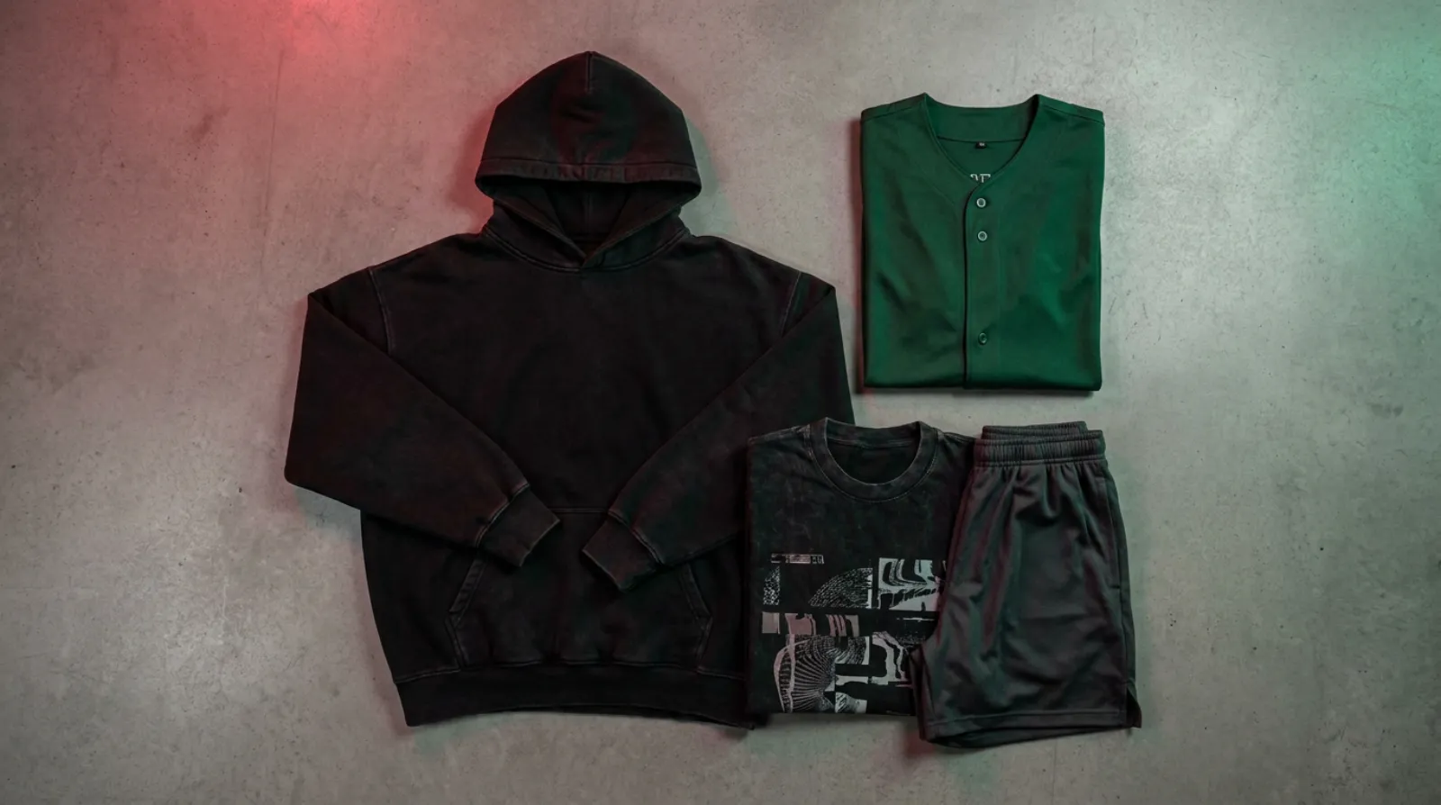 Flat-lay of Hunter x Hunter merch including an oversized hoodie, baseball jersey, graphic tee and gym shorts