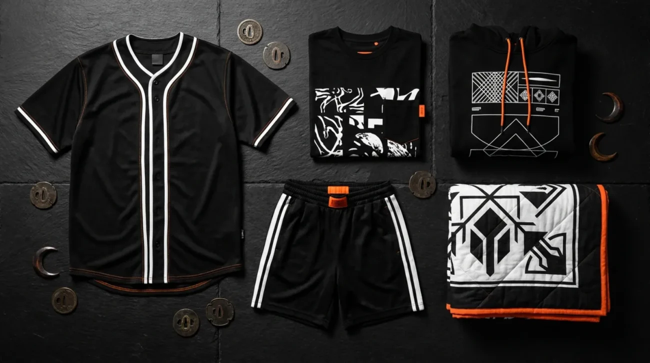 Flat-lay of Ichigo Kurosaki merch including a baseball jersey, oversized tee, streetwear hoodie, gym shorts, and quilt blanket in black, white, and orange