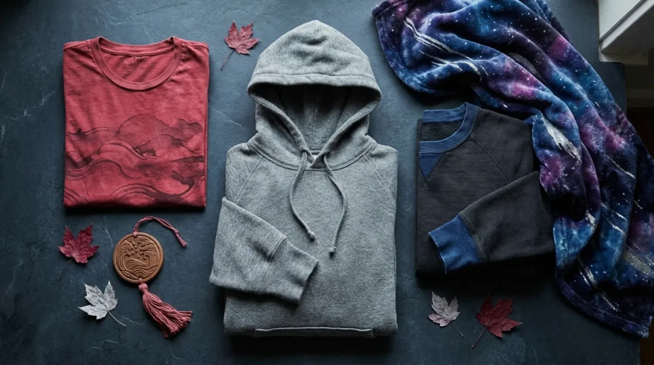 Crimson and indigo Inuyasha merch flat-lay including vintage tee, hoodie, and galaxy blanket
