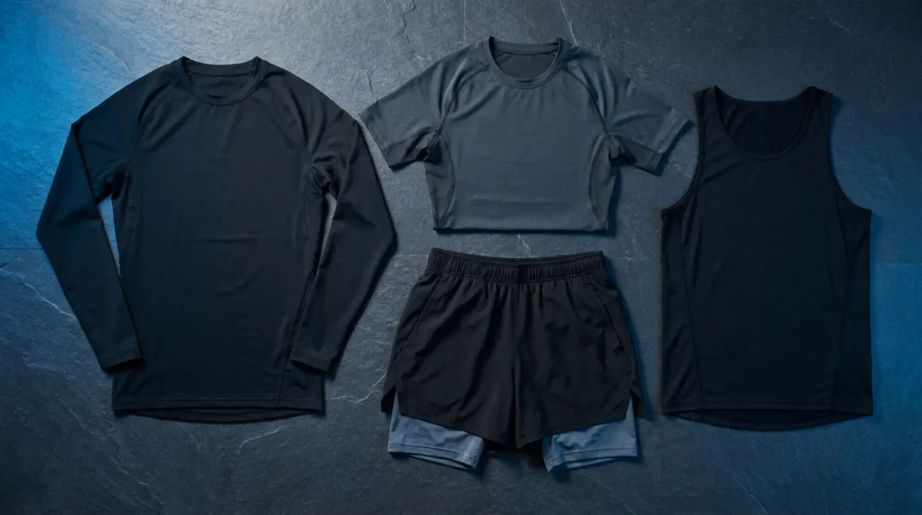 Flat-lay of athletic compression apparel, a styling reference for choosing Invincible merch