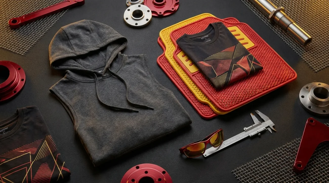Flat-lay of an Iron Man shirt and sleeveless hoodie in red and gold with car mats